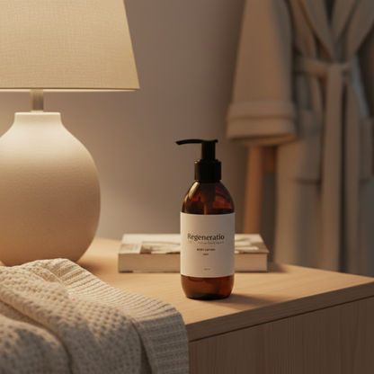 Regeneratio body lotion on a night stand for daily dry skin care