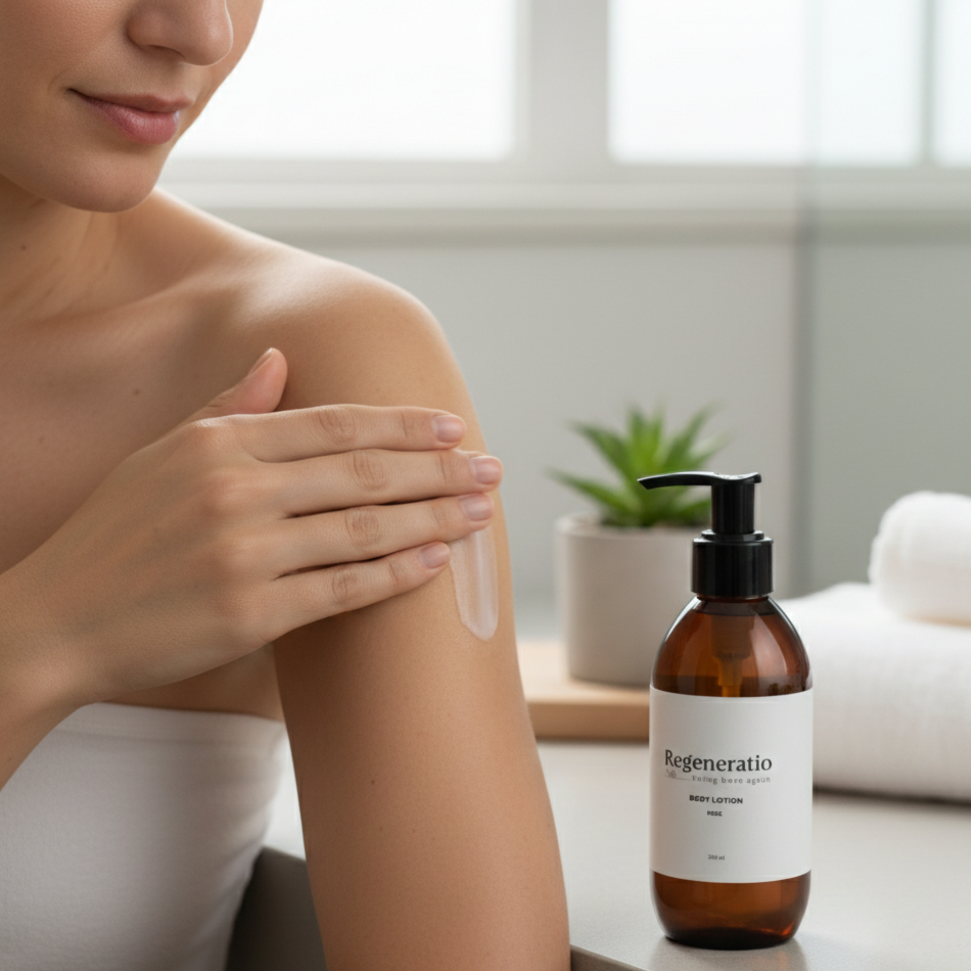 Woman applying Regeneratio body lotion for moisturised skin