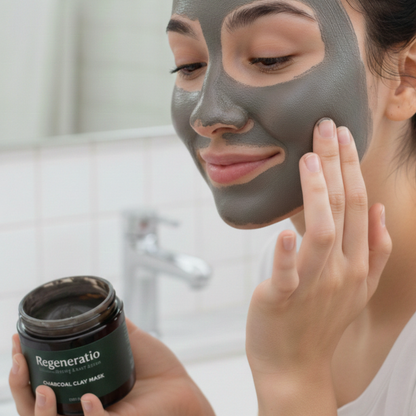 Regeneratio charcoal clay mask applied during a face mask routine