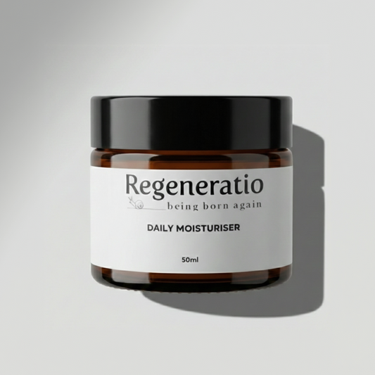 Jar of Regeneratio daily moisturizer on a light gray background