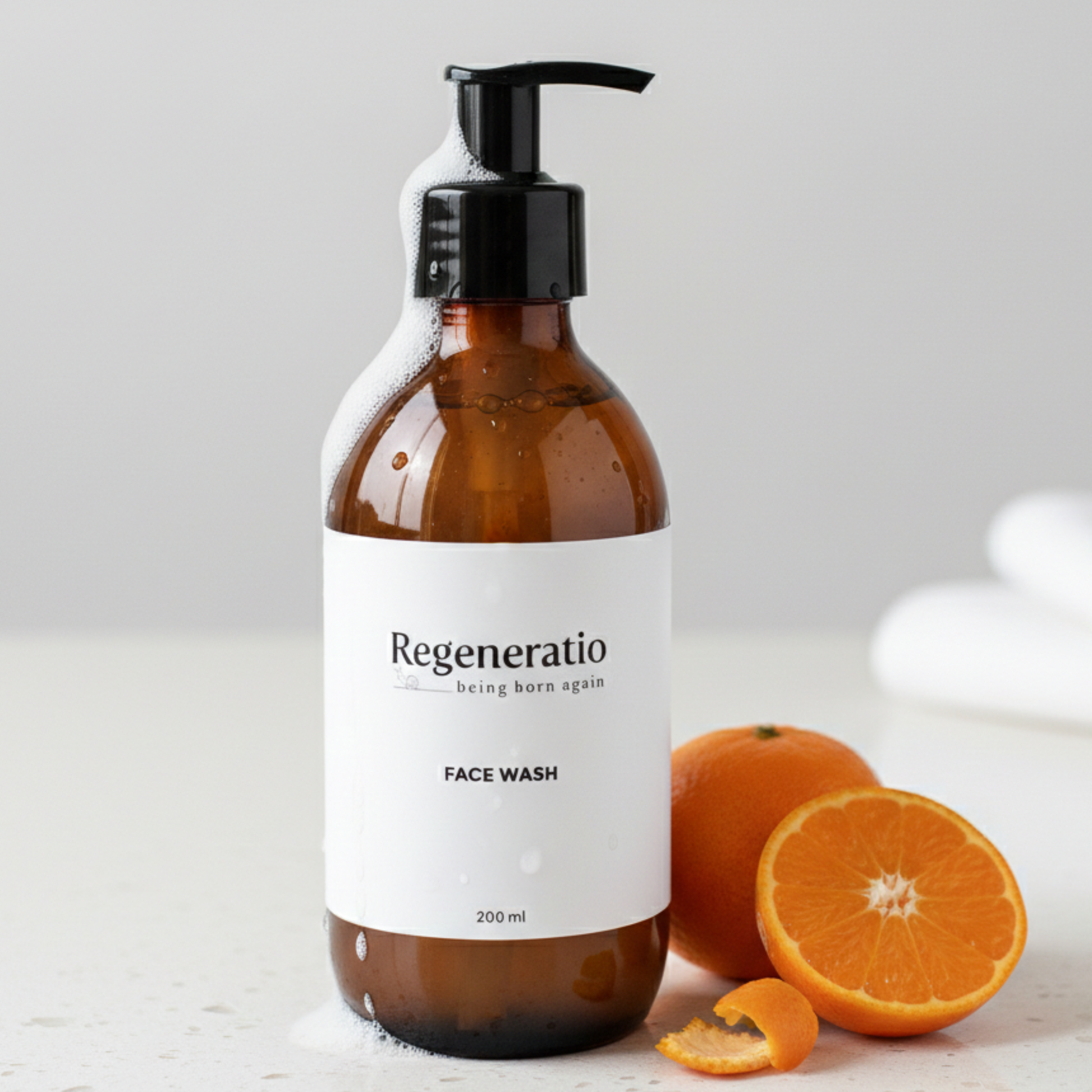 Regeneratio face wash cleanser next to citrus for fresh daily skincare