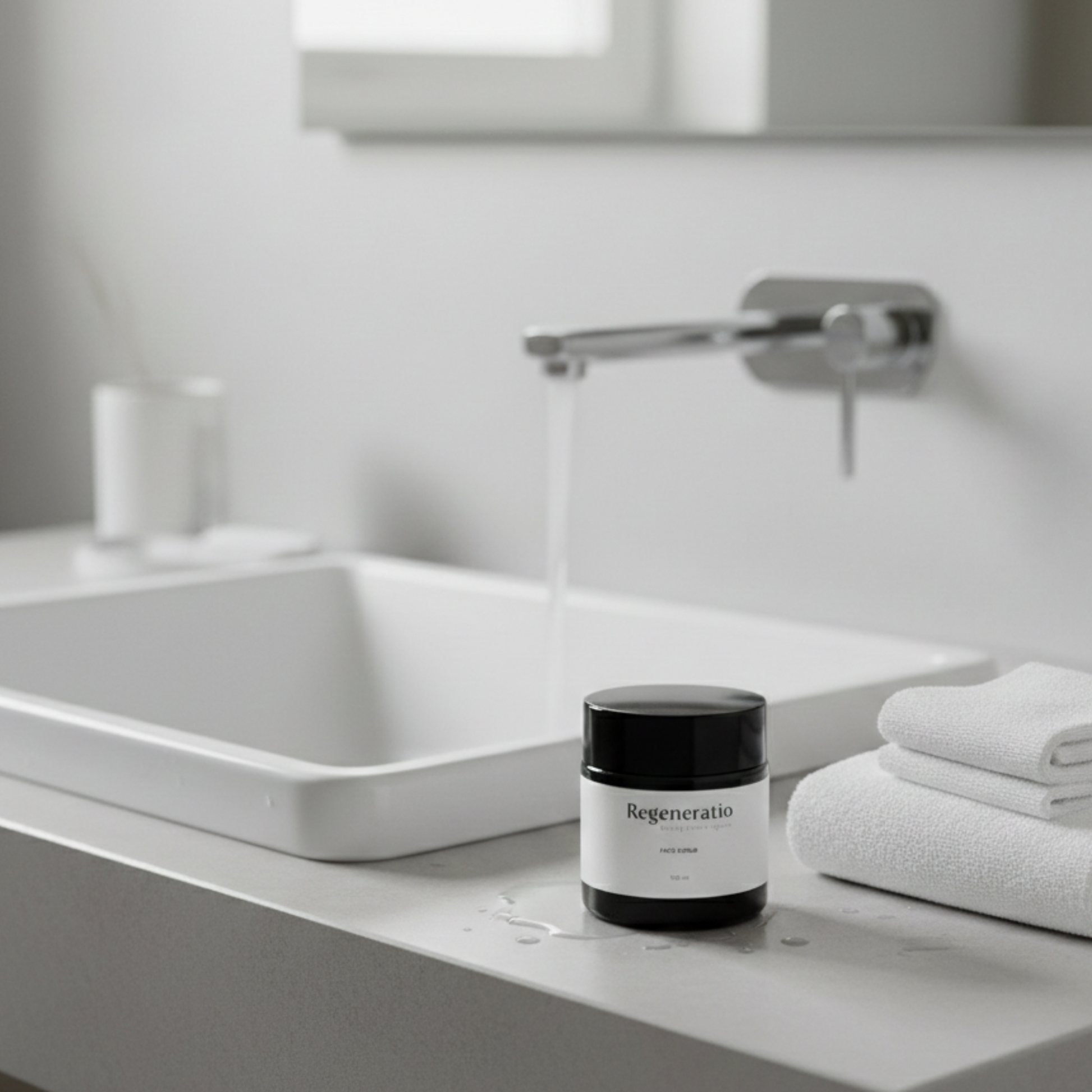 Regeneratio face scrub near bathroom tap for daily skincare routine