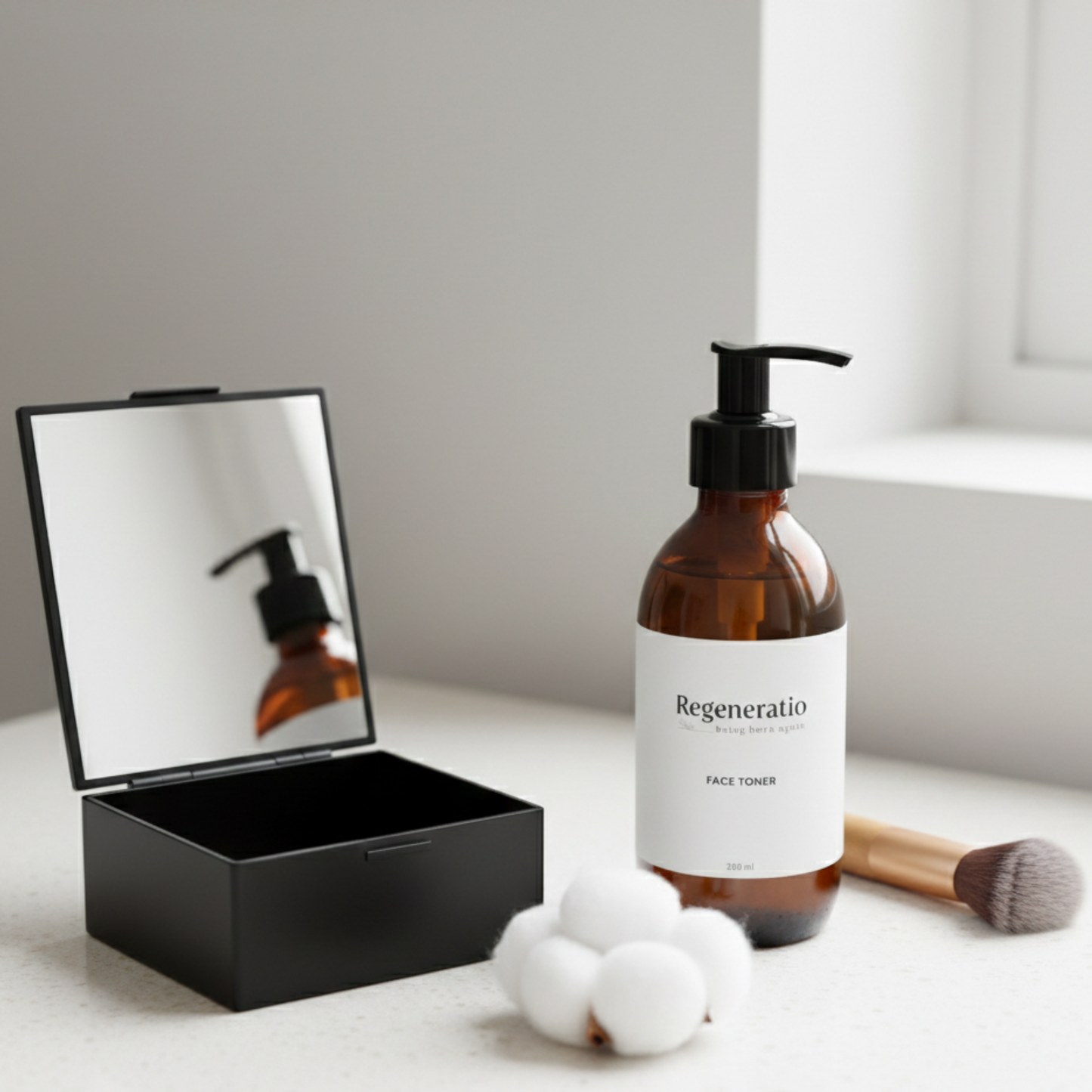 Regeneratio face toner next to makeup bag for daily skincare