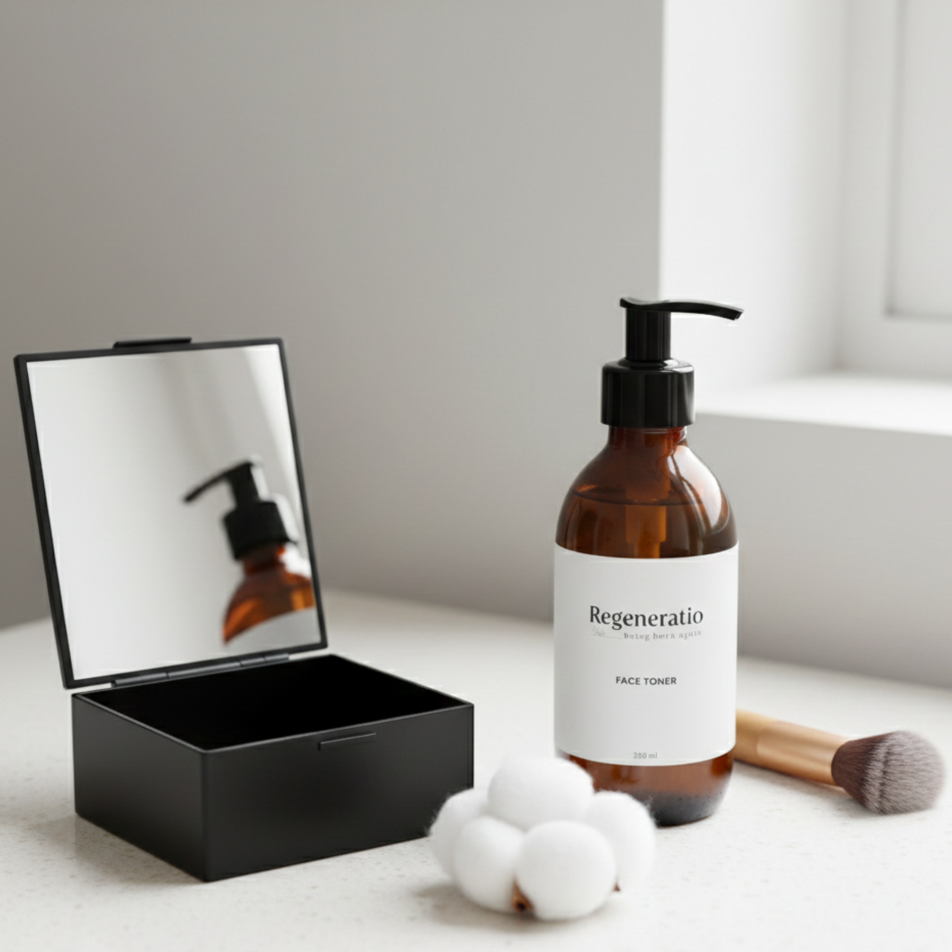 Regeneratio face toner next to makeup bag for daily skincare