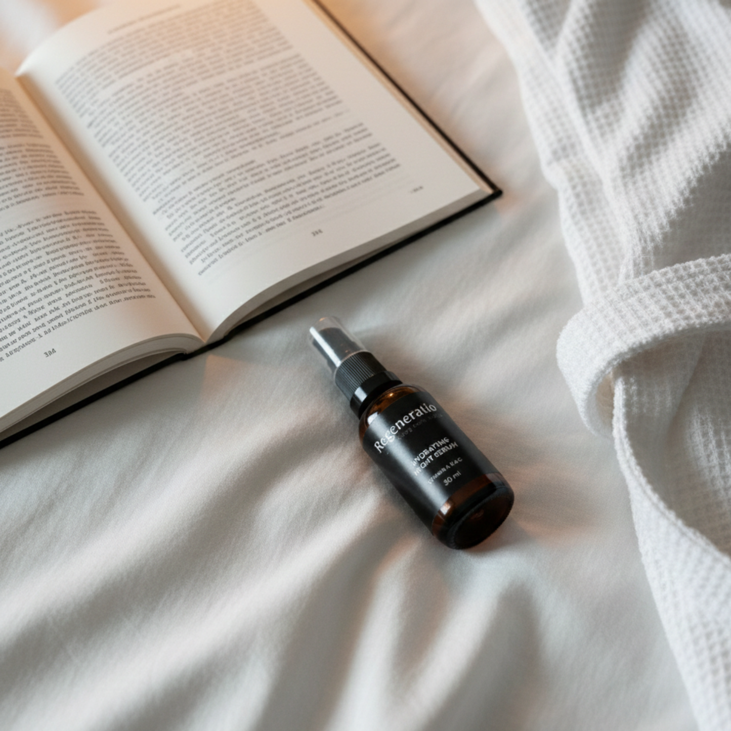 Regeneratio hydrating night serum on bed for evening skincare routine