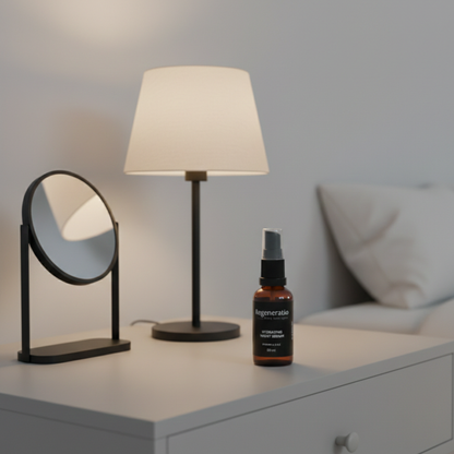 Regeneratio hydrating night serum on bedside table for night routine