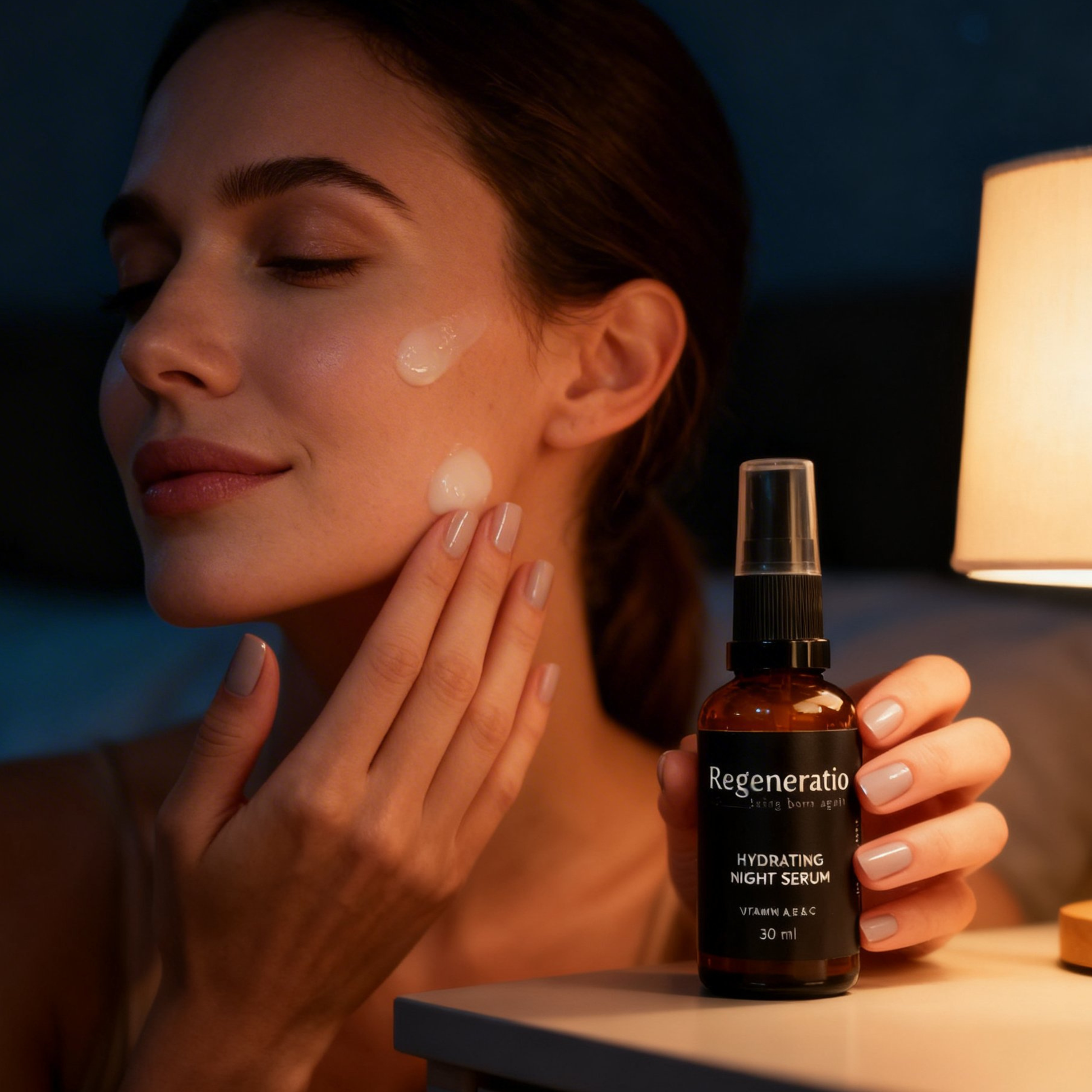 Woman applying Regeneratio hydrating night serum with snail mucin