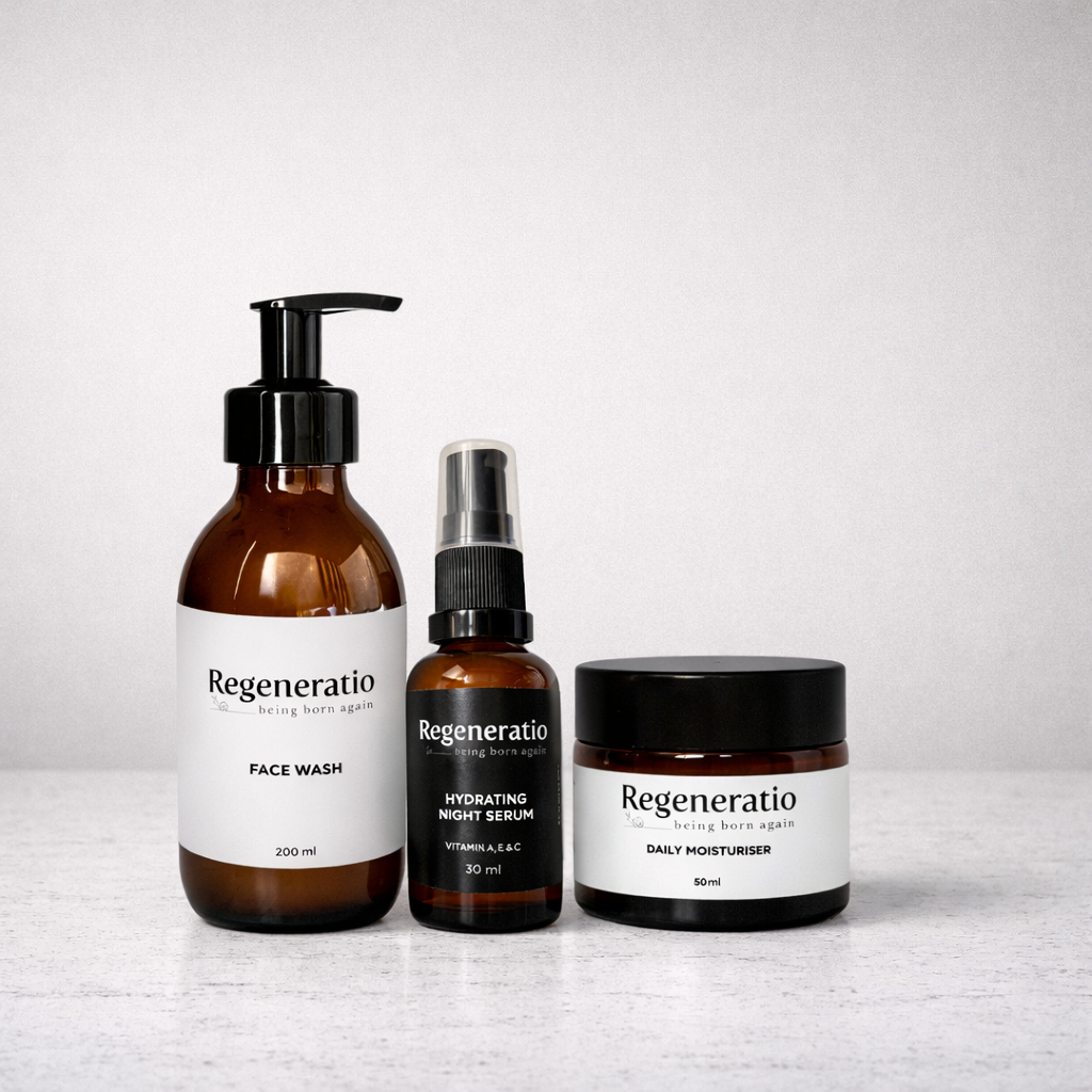 Regeneratio Starter skincare routine kit with face wash serum and moisturiser