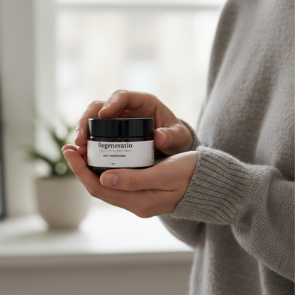 Woman holding Regeneratio daily moisturiser for natural face care
