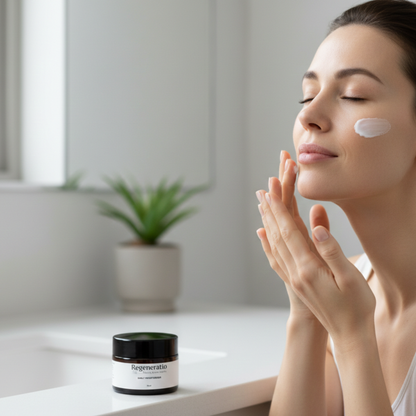Woman applying Regeneratio daily moisturiser cream for hydrated skin